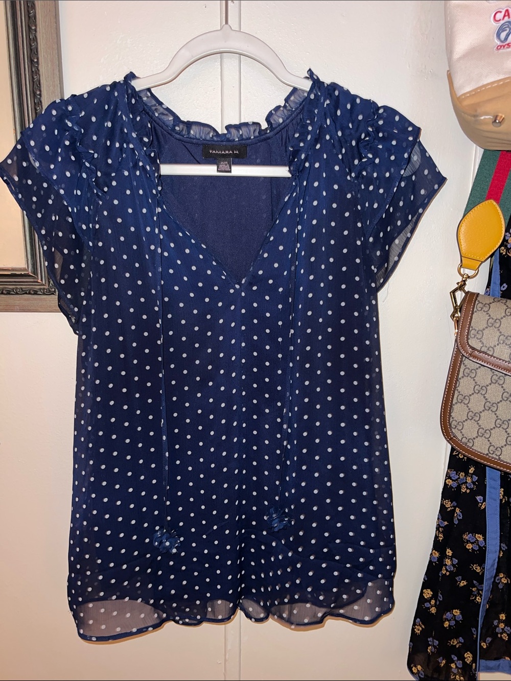 Tahari Navy Polka Dot Tie-Neck Flutter Sleeve Blouse